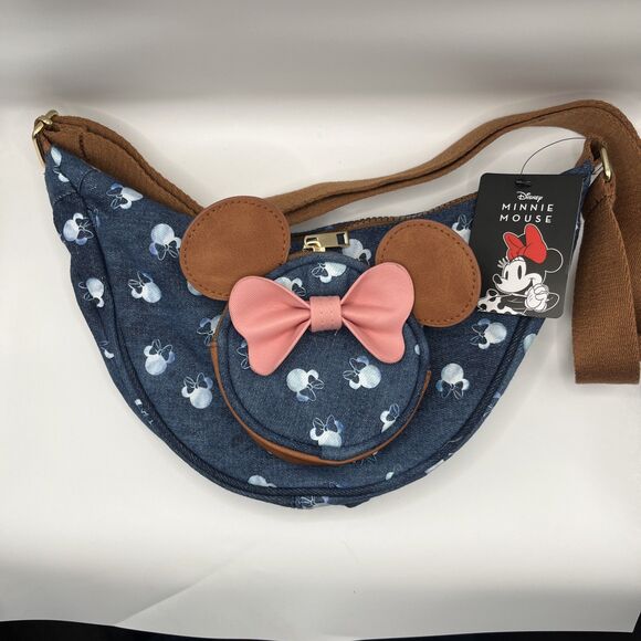 Disney BioWorld Minnie Mouse Crossbody Purse W/Change Purse 3D Pink Bow & Ears - Picture 2 of 3